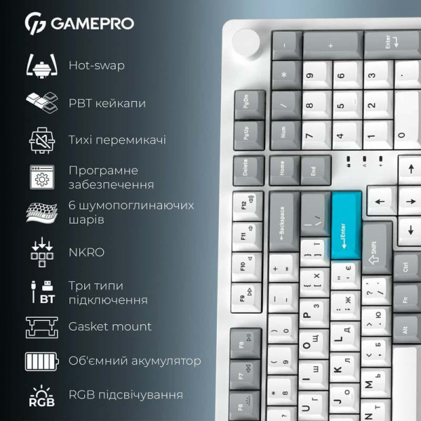Клавіатура бездротова GamePro Asgard Drakkar Keychron Super Red Switch White (MK305WH)