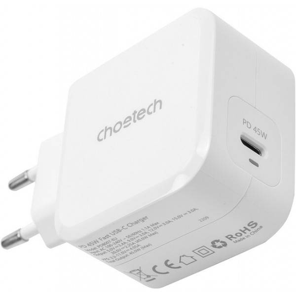 Мережевий зарядний пристрій Choetech GaN USB Type-C 45W PD 3.0 QC 3.0 PPS White (PD8007)