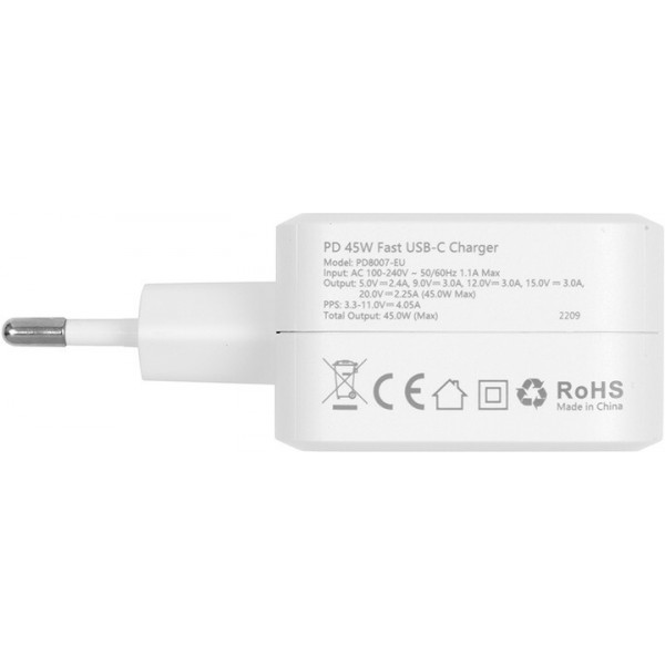 Мережевий зарядний пристрій Choetech GaN USB Type-C 45W PD 3.0 QC 3.0 PPS White (PD8007)