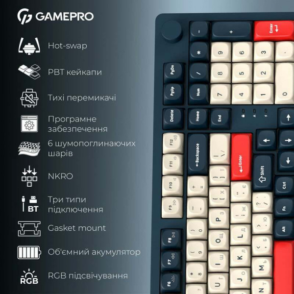 Клавіатура бездротова GamePro Asgard Drakkar Keychron Super Red Switch Blue (MK305BL)