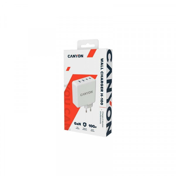 Мережевий зарядний пристрій Canyon H-100 (4USB) GaN PD 100W QC3.0 White (CND-CHA100W01)