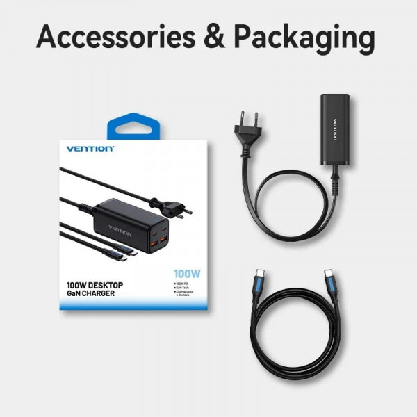 Мережевий зарядний пристрій Vention 4-Port USB GaN Charger 2x100W/2x18W Black (FBSBG-EU)