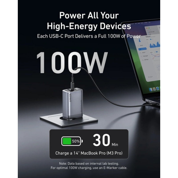 Мережевий зарядний пристрій Anker PowerPort GaNPrime 100W 2xUSB Type-C, USB Type-A Silver (A2688341)