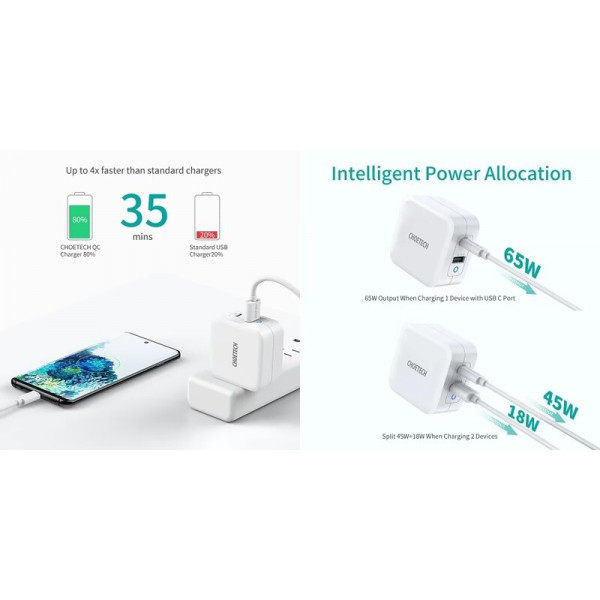 Мережевий зарядний пристрій Choetech USB Type-C, USB Type-A 65W PD 3.0 QC 3.0 White (PD8002)