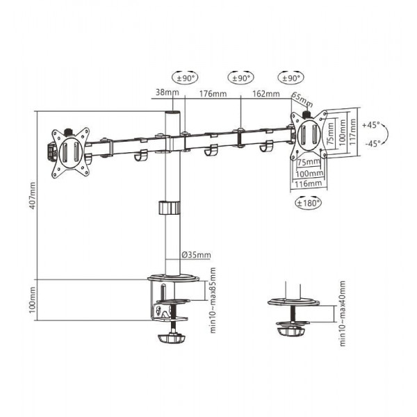 Настільне кріплення для монітора Brateck LDT66-C024 17-32" Black (VESA100х100)