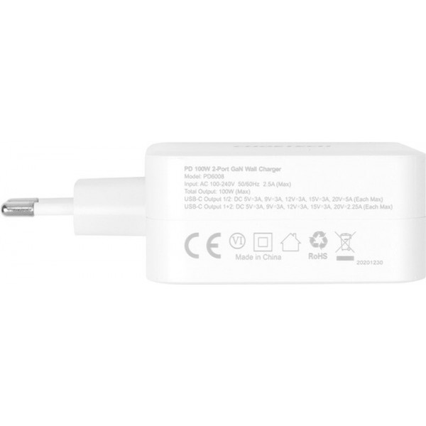 Мережевий зарядний пристрій Choetech GaN 2хUSB Type-C PD100W White (PD6008)