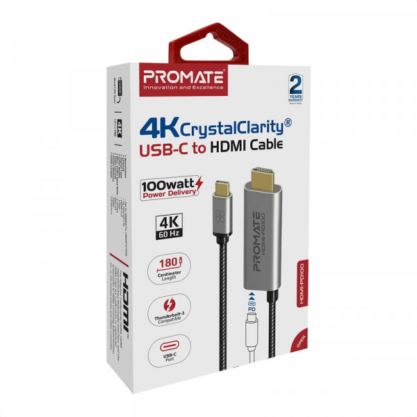 Кабель Promate HDMI-PD100 USB Type-C - HDMI V 2.0 (M/M), 1.8 м, Grey