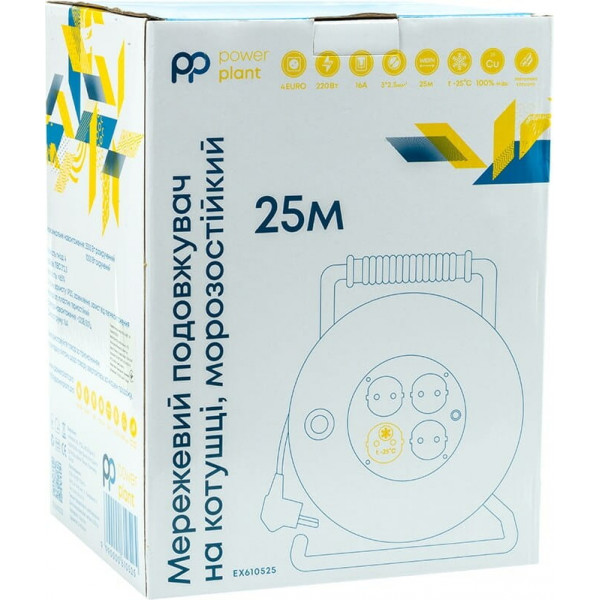 Подовжувач на котушці PowerPlant JY-20022/25 4 розетки, 16А, 3x2.5мм, 25 м, 100% мідь Grey (EX610525)