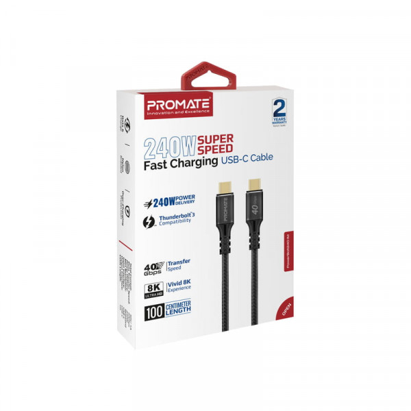 Кабель Promate PowerBolt240 USB Type-C - USB Type-C (M/M), 5 A, 240 W, 1 м, Black
